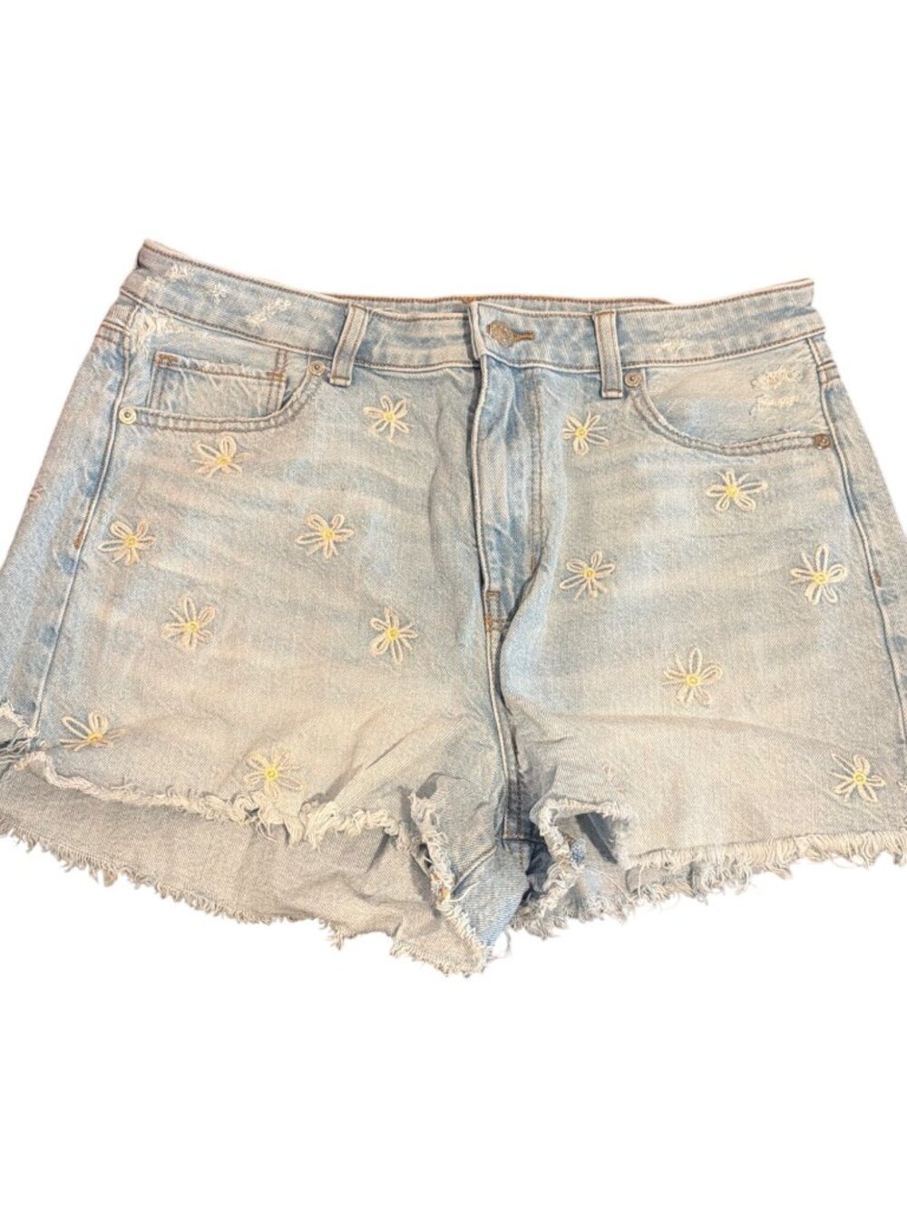 American Eagle Mom Shorts Light Wash Daisy Embroidery Flowers Raw Hem Size 10
